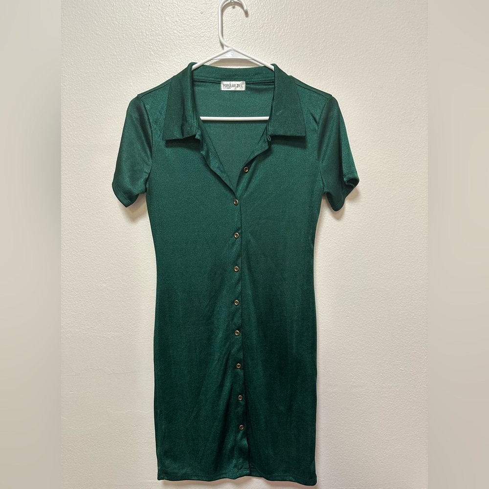 Chic Dark Green Button-Up Mini Dress A13
